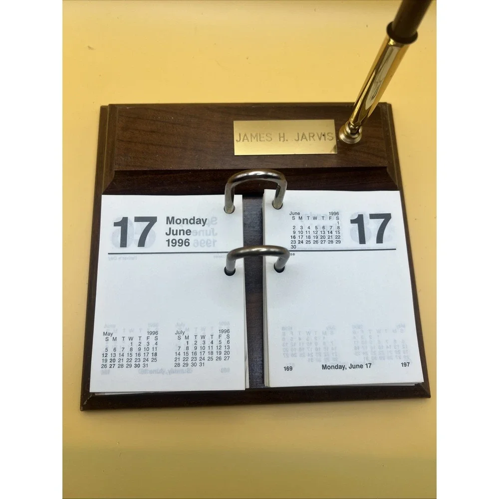 Vintage Perpetual Flip Calendar With Wood Base And Ink Pen